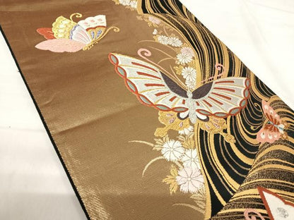 平和屋着物◎全通柄袋帯 唐織 花蝶文 金銀糸 正絹 逸品 AABI0965yx