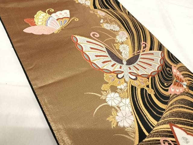 平和屋着物◎全通柄袋帯 唐織 花蝶文 金銀糸 正絹 逸品 AABI0965yx