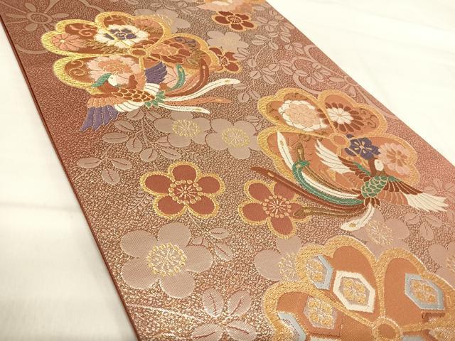 平和屋着物◎六通柄袋帯 唐織 流水花梅鳥華文様 金銀糸 正絹 逸品 AABI0970yx