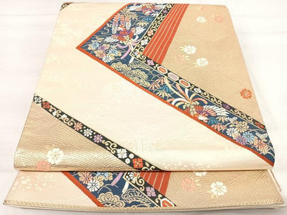 平和屋着物◎六通柄袋帯 唐織 裂取縫調文 金糸 正絹 逸品 AABI0971yx
