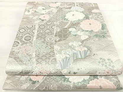 平和屋着物◎六通柄袋帯 唐織 九百プラチナ箔 几帳草華文 正絹 逸品 AABI0975yx