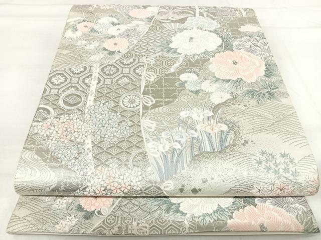 平和屋着物◎六通柄袋帯 唐織 九百プラチナ箔 几帳草華文 正絹 逸品 AABI0975yx