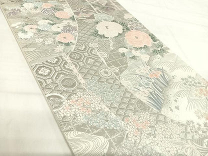 平和屋着物◎六通柄袋帯 唐織 九百プラチナ箔 几帳草華文 正絹 逸品 AABI0975yx