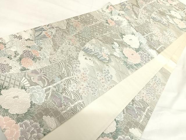 平和屋着物◎六通柄袋帯 唐織 九百プラチナ箔 几帳草華文 正絹 逸品 AABI0975yx