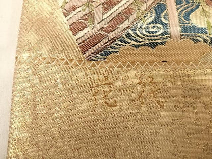 平和屋着物◎六通柄袋帯 唐織 花筏 京扇絵 金銀糸 正絹 逸品 AABI0981yx
