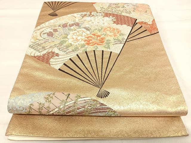 平和屋着物◎六通柄袋帯 唐織 花筏 京扇絵 金銀糸 正絹 逸品 AABI0981yx