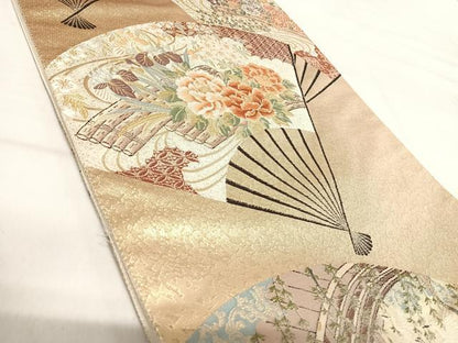 平和屋着物◎六通柄袋帯 唐織 花筏 京扇絵 金銀糸 正絹 逸品 AABI0981yx
