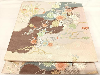 平和屋着物◎六通柄袋帯 唐織 道長草花御所解文 金糸 正絹 逸品 AABI0991yx