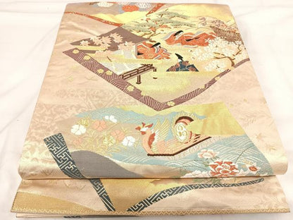 平和屋着物◎六通柄袋帯 唐織 人物風景文 金糸 正絹 逸品 AABI0992yx