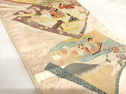 平和屋着物◎六通柄袋帯 唐織 人物風景文 金糸 正絹 逸品 AABI0992yx