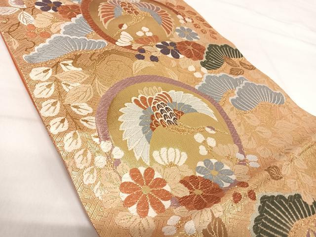 平和屋着物◎本佐賀錦 六通柄袋帯 唐織 飛鶴花文 金糸 正絹 逸品 AABI0993yx