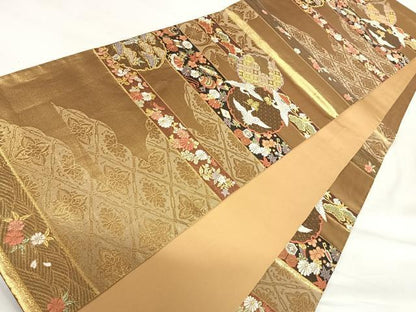 平和屋着物◎六通柄袋帯　唐織　雪輪飛鶴花文　金銀糸　正絹　逸品　AABI0994yx