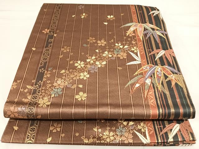 平和屋着物◎六通柄袋帯 唐織 笹竹文 金糸 正絹 逸品 AABI0995yx
