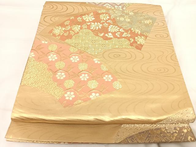 平和屋着物◎六通柄袋帯　唐織　地紙花文　金糸　三越扱い　正絹　逸品　AABI0999yx
