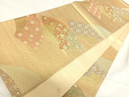 平和屋着物◎六通柄袋帯　唐織　地紙花文　金糸　三越扱い　正絹　逸品　AABI0999yx