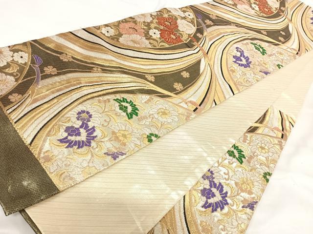 平和屋着物◎佐賀錦　六通柄袋帯　唐織　孔雀花文　金銀糸　正絹　逸品　AABI1014yx 平和屋着物◎佐賀錦 六通柄袋帯 唐織 孔雀花文 金銀糸
