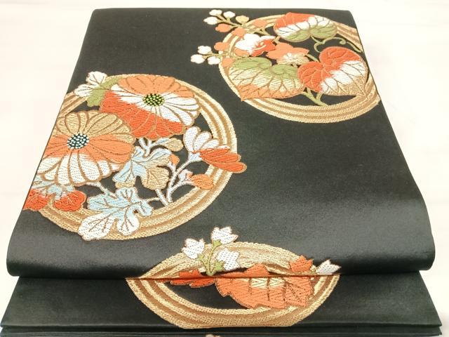 平和屋着物◎六通柄袋帯　唐織　大宮どんす　花丸文　黒地　金糸　正絹　逸品　AABI1015yx 平和屋着物◎六通柄袋帯 唐織 大宮どんす 花丸文 黒地 金糸 正絹