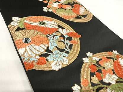 平和屋着物◎六通柄袋帯　唐織　大宮どんす　花丸文　黒地　金糸　正絹　逸品　AABI1015yx