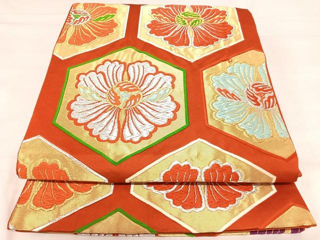 平和屋着物◎六通柄袋帯　唐織　亀甲花文　金銀糸　正絹　逸品　AABI1016yx 平和屋着物◎六通柄袋帯 唐織 亀甲花文 金銀糸 正絹 逸品