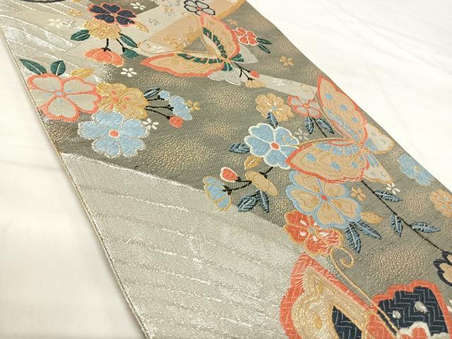 平和屋着物◎六通柄袋帯 唐織 花蝶文 金銀糸 正絹 逸品 AABI1017yx