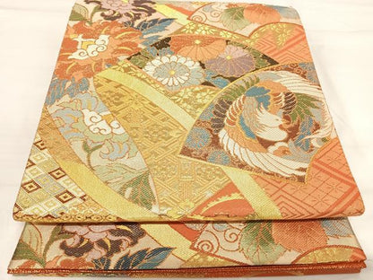 平和屋着物◎佐賀錦 六通柄袋帯 扇面唐花紋 金糸 正絹 逸品 AABI1020yx