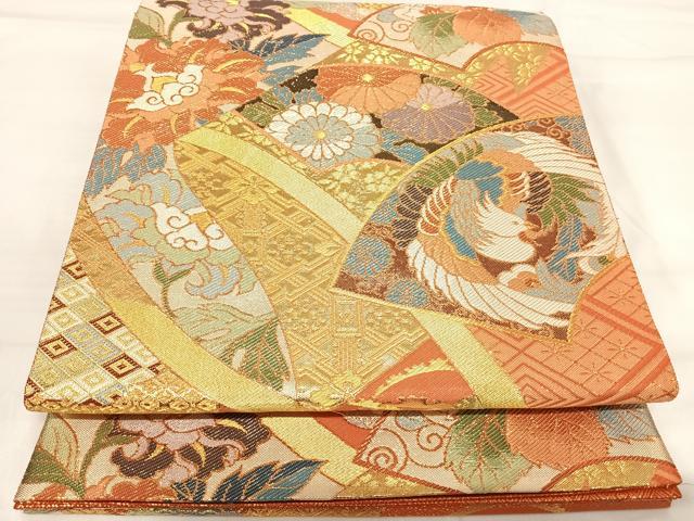 平和屋着物◎佐賀錦 六通柄袋帯 扇面唐花紋 金糸 正絹 逸品 AABI1020yx