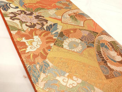 平和屋着物◎佐賀錦 六通柄袋帯 扇面唐花紋 金糸 正絹 逸品 AABI1020yx