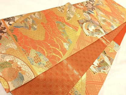 平和屋着物◎佐賀錦 六通柄袋帯 扇面唐花紋 金糸 正絹 逸品 AABI1020yx