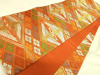 平和屋着物◎六通柄袋帯　唐織　双鶴花文　金銀糸　正絹　逸品　AABI1022yx