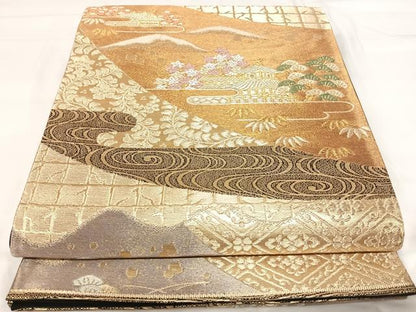 平和屋着物◎六通柄袋帯　唐織　金閣寺　紫峰水明　金糸　正絹　逸品　AABI1024yx