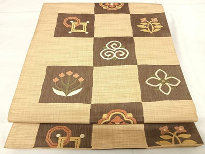 平和屋着物◎六通柄袋帯　楽山　市松花文　正絹　逸品　AABI1027yx