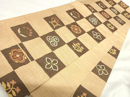 平和屋着物◎六通柄袋帯　楽山　市松花文　正絹　逸品　AABI1027yx