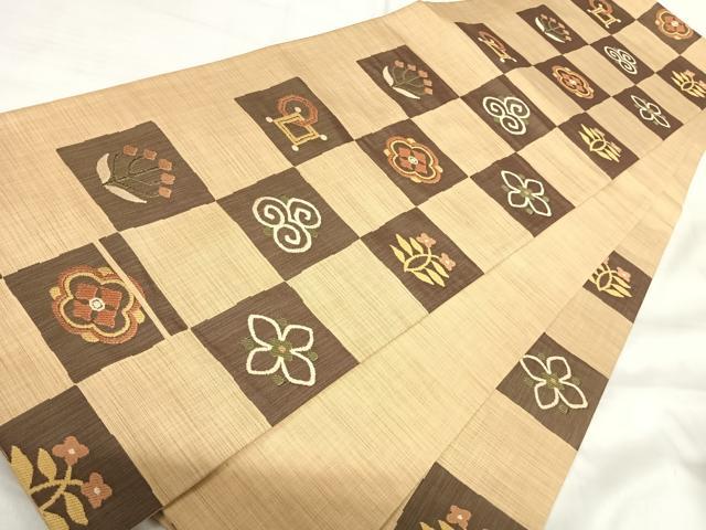平和屋着物◎六通柄袋帯　楽山　市松花文　正絹　逸品　AABI1027yx