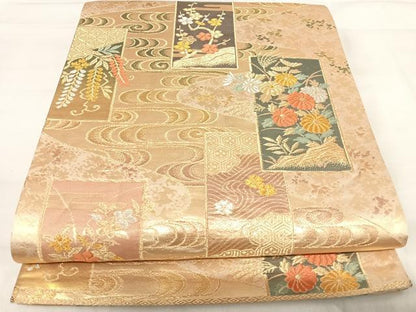 平和屋着物◎六通柄袋帯　唐織　短冊花文　金銀糸　正絹　逸品　AABI1033yx