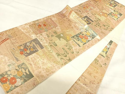 平和屋着物◎六通柄袋帯　唐織　短冊花文　金銀糸　正絹　逸品　AABI1033yx