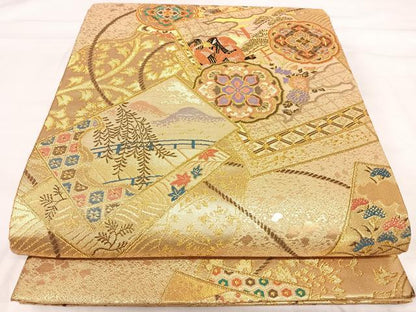 平和屋着物◎六通柄袋帯 唐織 人物花文 金糸 正絹 逸品 AABI1039yx