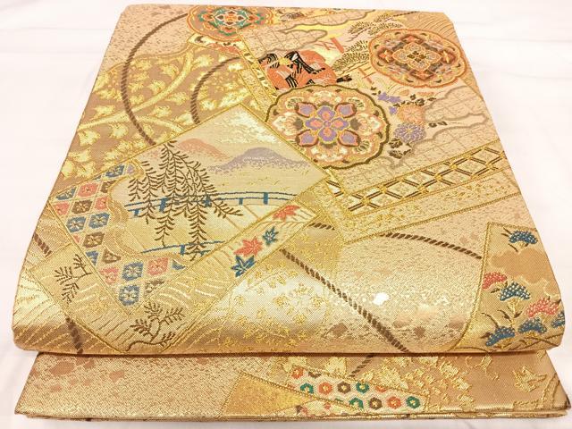 平和屋着物◎六通柄袋帯 唐織 人物花文 金糸 正絹 逸品 AABI1039yx