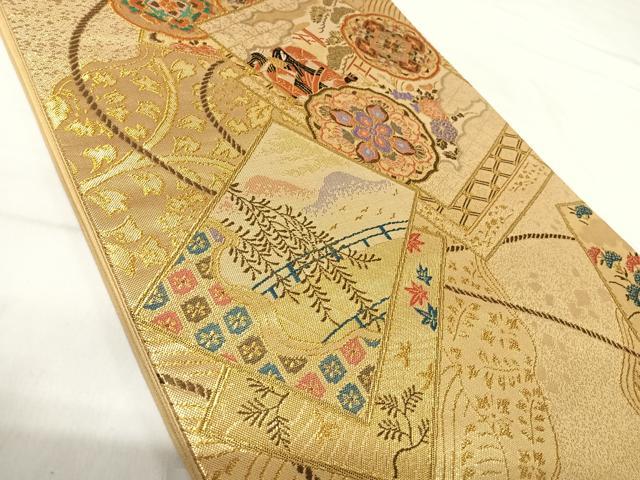 平和屋着物◎六通柄袋帯 唐織 人物花文 金糸 正絹 逸品 AABI1039yx