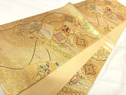 平和屋着物◎六通柄袋帯 唐織 人物花文 金糸 正絹 逸品 AABI1039yx