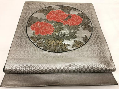 平和屋着物◎太鼓柄袋帯　花丸文　銀糸　正絹　逸品　AABI1041yx