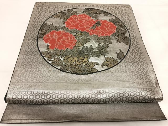 平和屋着物◎太鼓柄袋帯　花丸文　銀糸　正絹　逸品　AABI1041yx