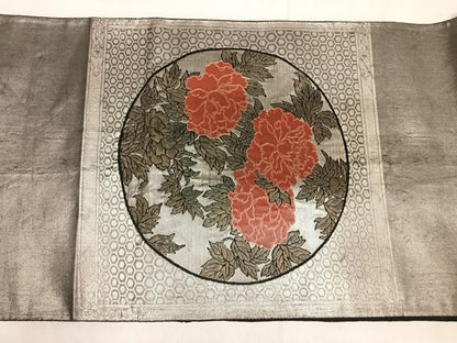 平和屋着物◎太鼓柄袋帯　花丸文　銀糸　正絹　逸品　AABI1041yx