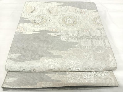 平和屋着物◎六通柄袋帯　唐織　御物裂つなぎ　銀糸　正絹　逸品　AABI1046yx
