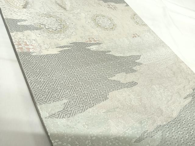 平和屋着物◎六通柄袋帯　唐織　御物裂つなぎ　銀糸　正絹　逸品　AABI1046yx
