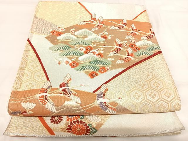 平和屋着物◎六通柄袋帯 唐織 群鶴扇面文 金糸 正絹 逸品 AABI1051yx