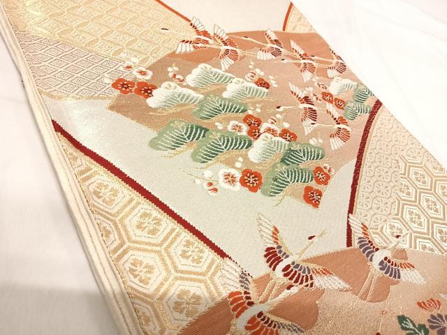 平和屋着物◎六通柄袋帯 唐織 群鶴扇面文 金糸 正絹 逸品