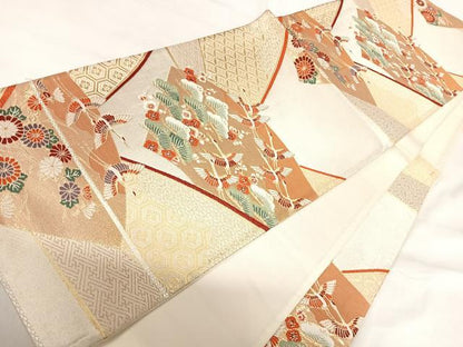 平和屋着物◎六通柄袋帯　唐織　群鶴扇面文　金糸　正絹　逸品　AABI1051yx