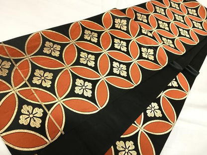 平和屋着物◎六通柄袋帯　唐織　七宝花文　黒地　金糸　正絹　逸品　AABI1056yx