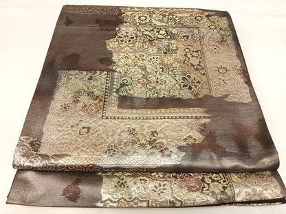平和屋着物◎六通柄袋帯 色紙花文 金銀糸 正絹 逸品 AABI1061yx