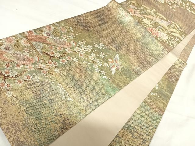 平和屋着物◎六通柄袋帯　唐織　花鳥文　金糸　引箔　正絹　逸品　AABI1063yx 平和屋着物◎六通柄袋帯 唐織 花鳥文 金糸 引箔 正絹 逸品 AABI1063yx
